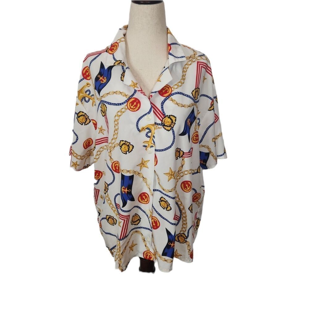 Bonworth Nautical Red White Bkue Chain Print Button Down Shirt Large